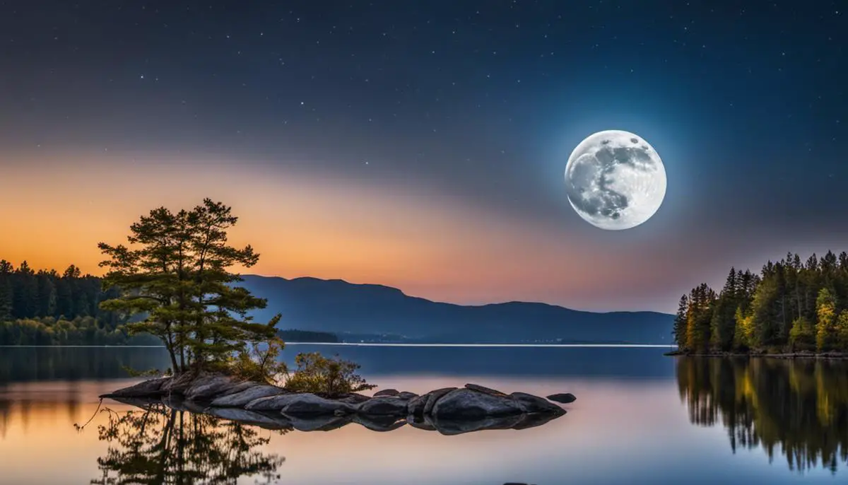 Image showing a tranquil night with a full moon reflecting on calm water, symbolizing the spiritual and natural significance of the Beaver Spiritual Meaning 2023