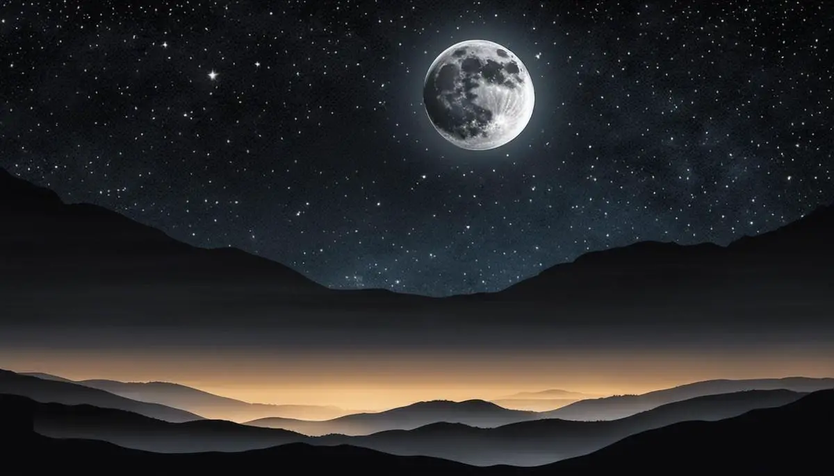 Illustration of a black moon in the night sky with stars surrounding it