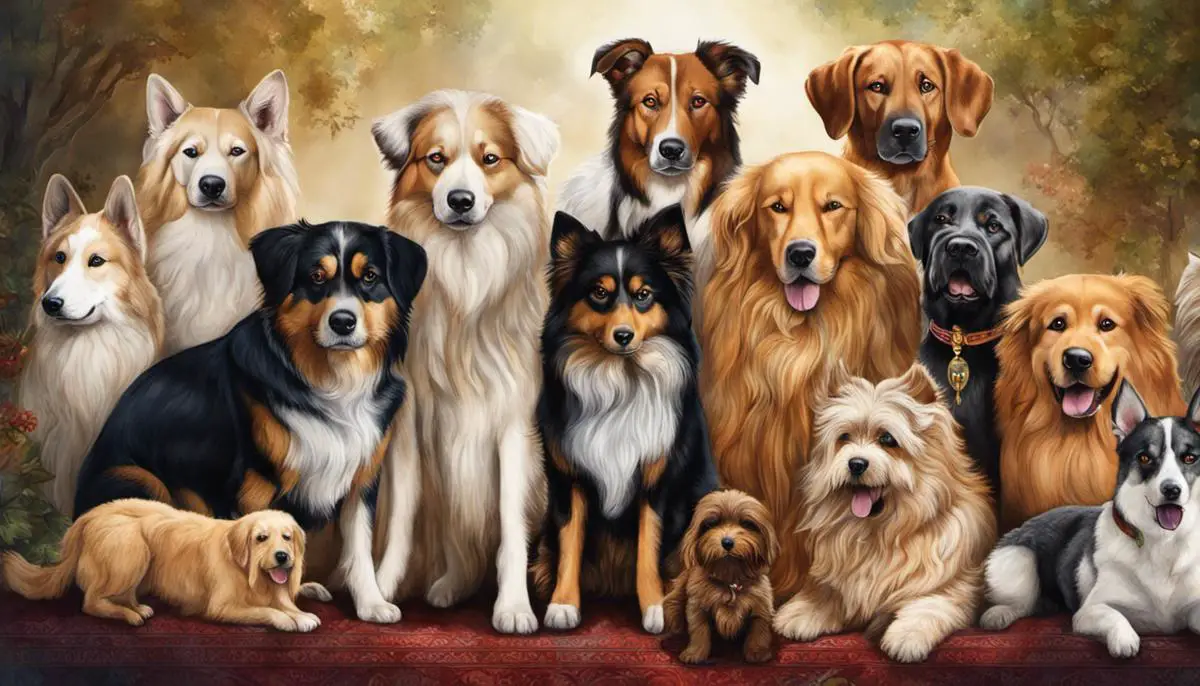 Illustration of various dogs representing different cultural beliefs surrounding them.