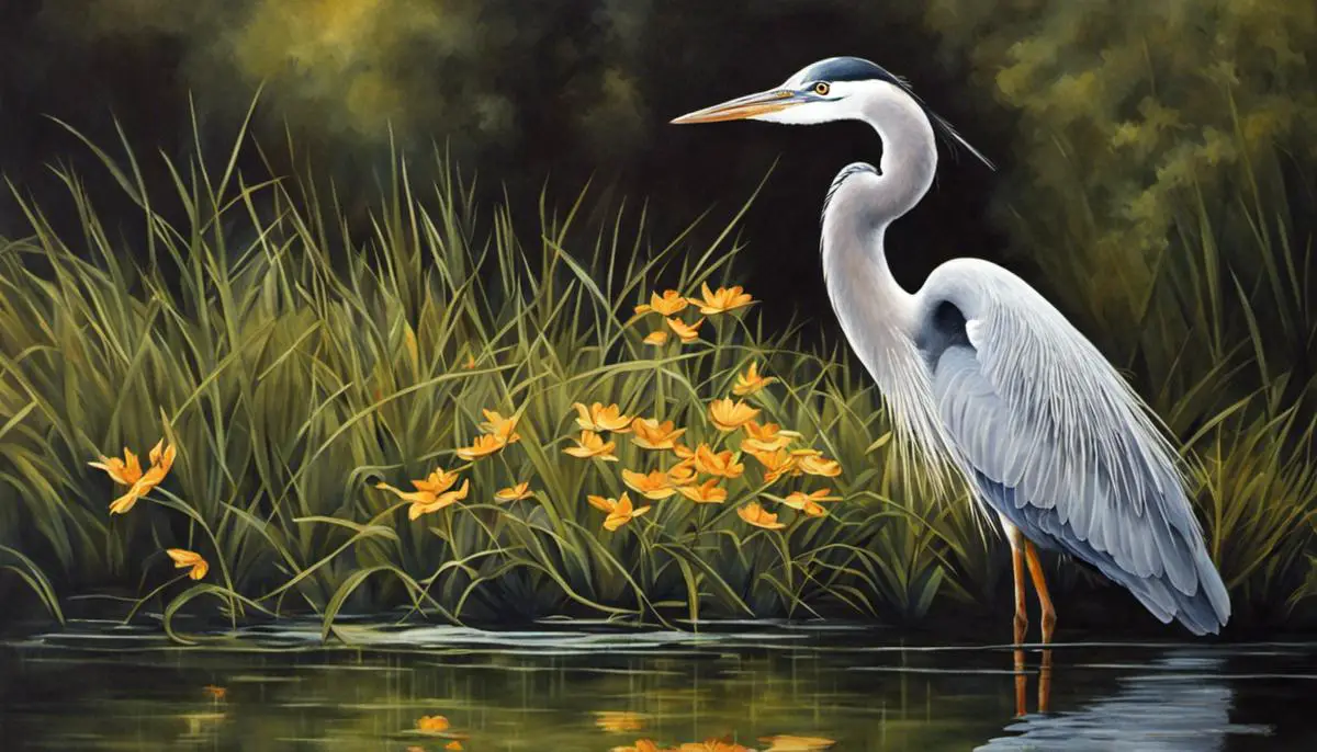 A beautiful painting showcasing a heron in a serene natural habitat, symbolizing wisdom and tranquility
