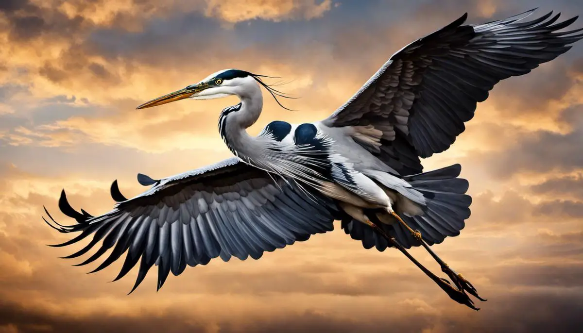 Illustration of a heron soaring in the sky, representing the spiritual significance of herons.