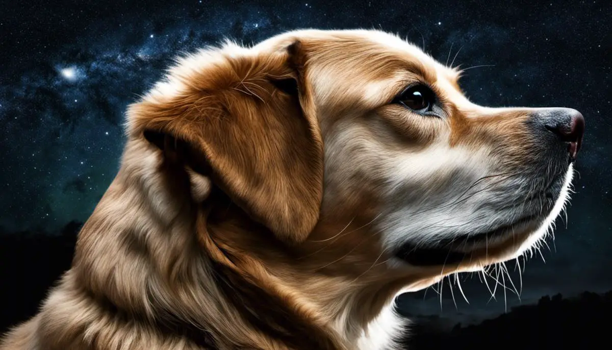 Image of a dog looking up at the night sky, portraying the spiritual significance of dogs crying at night.